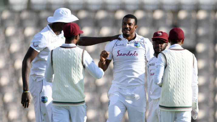 Man of the Match Shannon Gabriel celebrates with his West Indies teammates during the first test