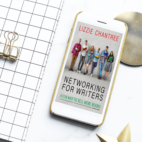 The picture shows a white mobile phone on desk next to an organiser. On the screen is the cover of the e-book edition of Chantree's book, 'Networking for Writers'